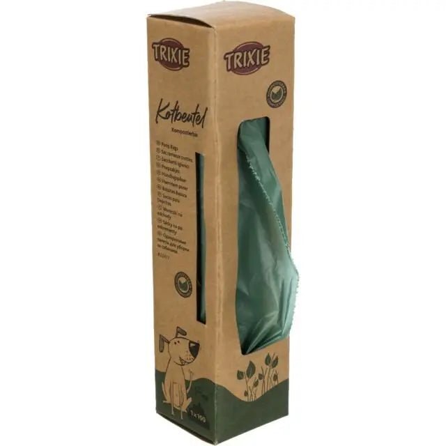 Trixie compostable dog waste bags in a cardboard dispenser box, eco-friendly and biodegradable.
