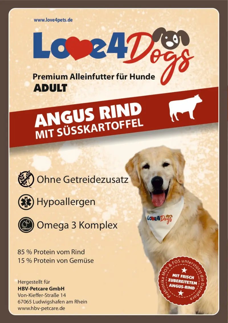 Love4Dog´s ADULT Hundefutter Angus Rind mit Süßkartoffel und Karotte - Love4Pets
