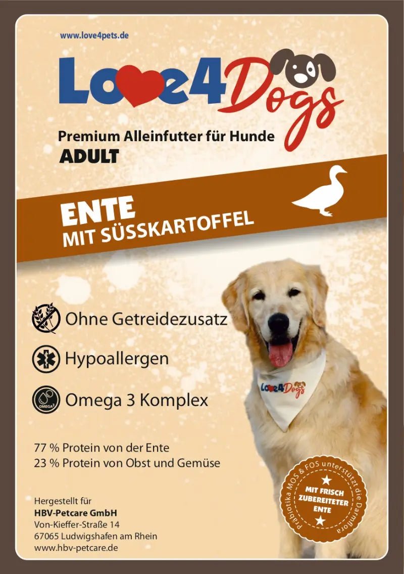 Love4Dog´s ADULT Hundefutter Ente mit Süßkartoffel und Orange - Love4Pets