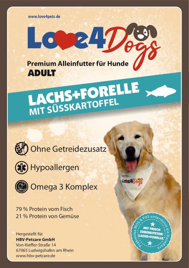 Love4Dog´s ADULT Hundefutter Lachs+Forelle mit Süßkartoffel und Spargel - Love4Pets