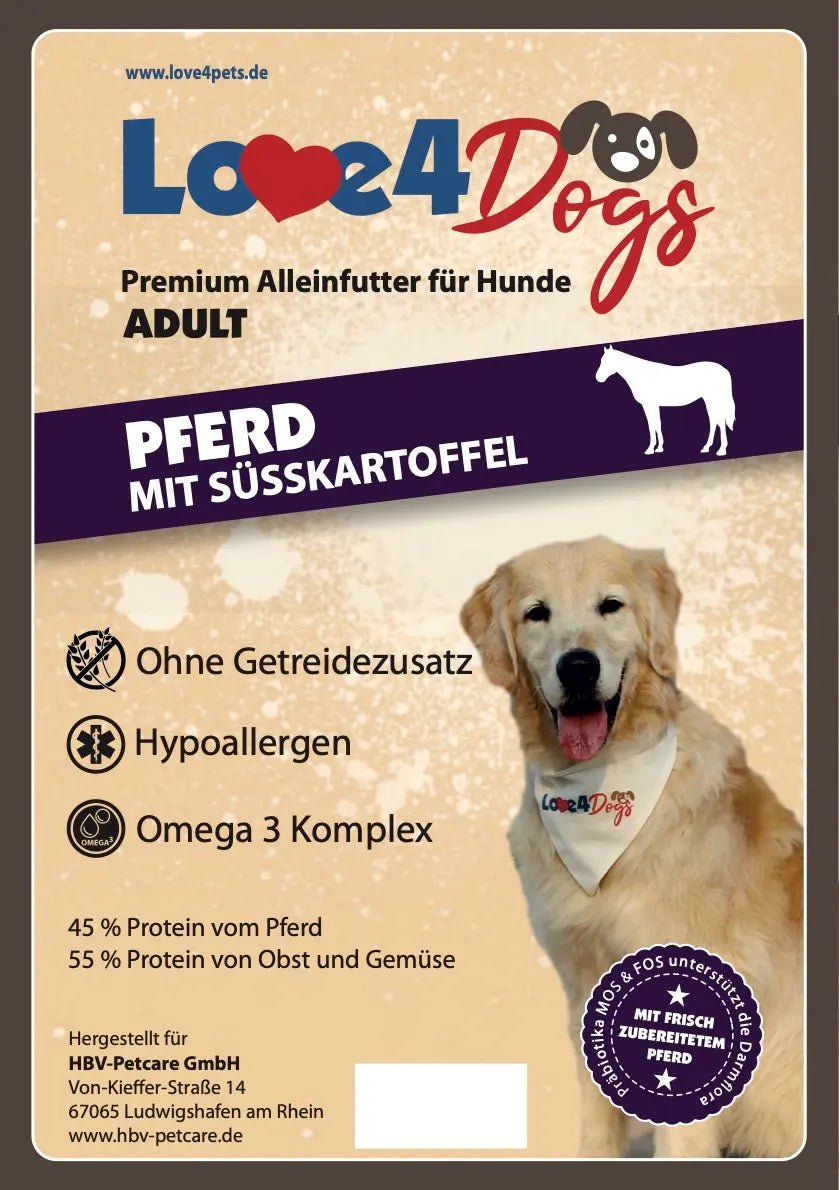 Love4Dog´s ADULT Hundefutter Pferd mit Süßkartoffel und Granatapfel - Love4Pets