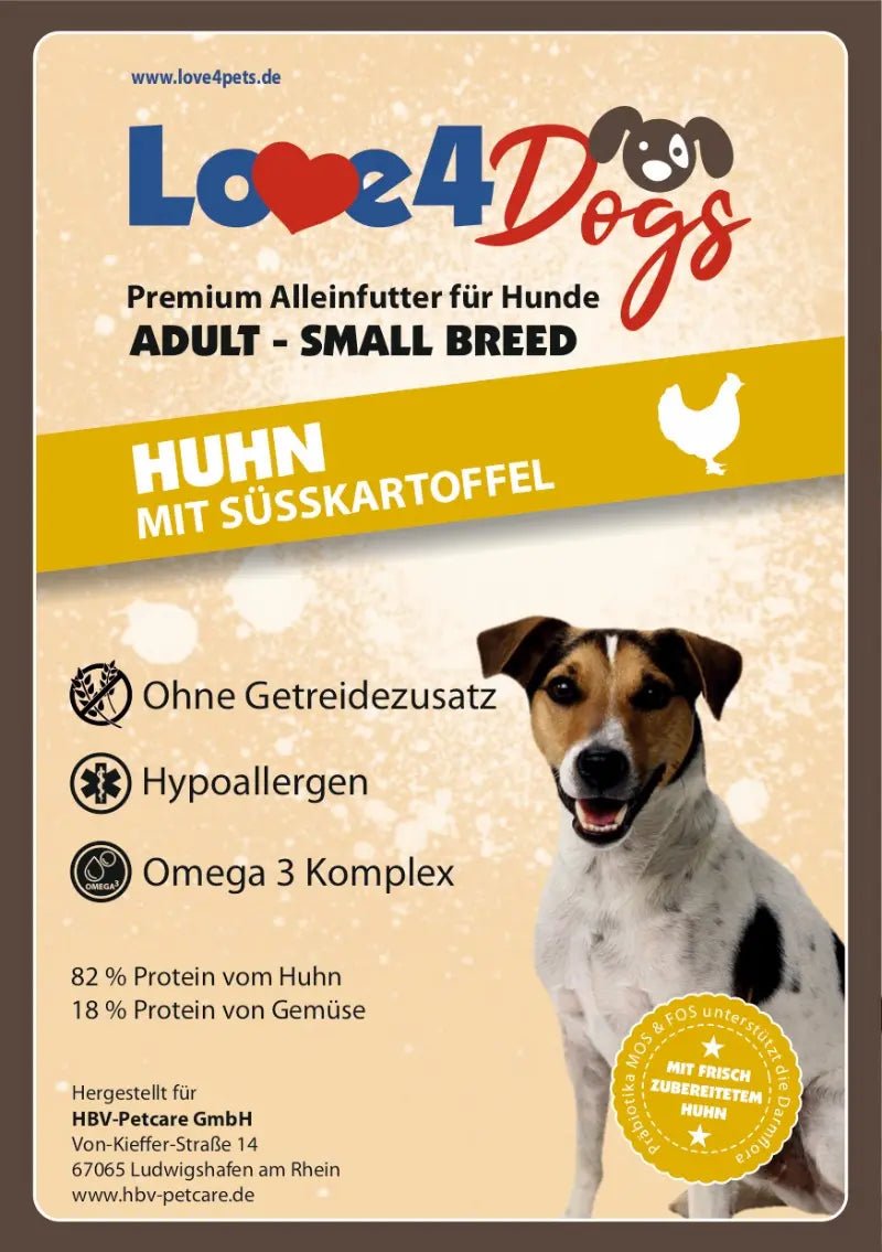 Love4Dog´s Adult Hundefutter SMALL BREED Huhn mit Süßkartoffel und Kräutern - Love4Pets