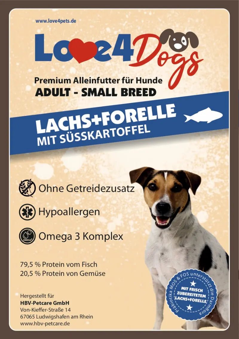 Love4Dog´s Adult Hundefutter SMALL BREED Lachs+Forelle mit Süßkartoffel und Spargel - Love4Pets