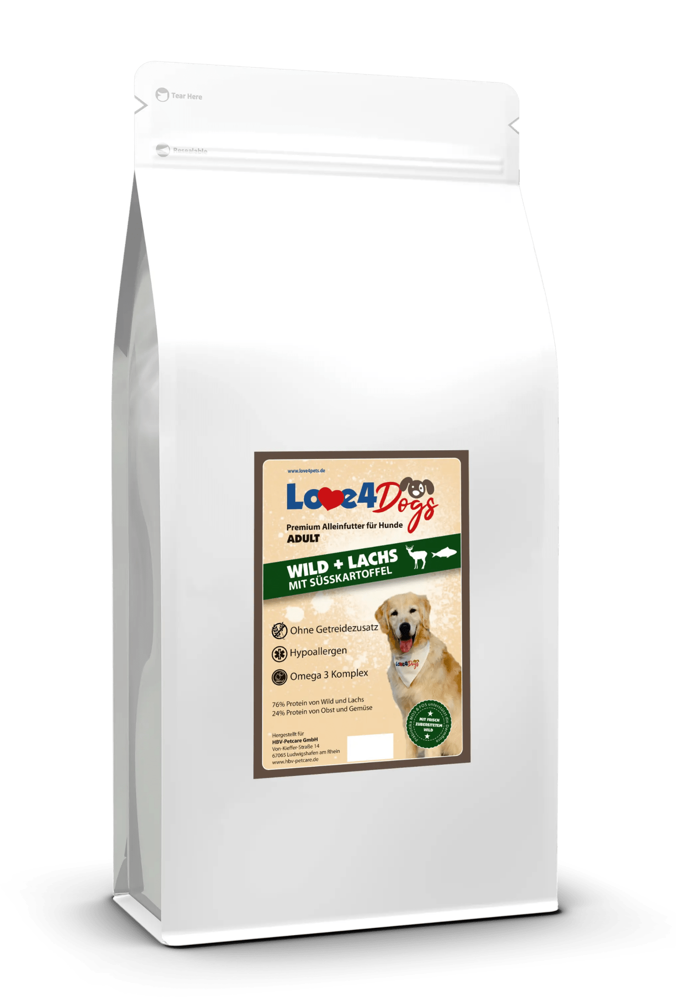 Love4Dog´s ADULT Hundefutter Wild+Lachs mit Süßkartoffel und Maulbeere - Love4Pets