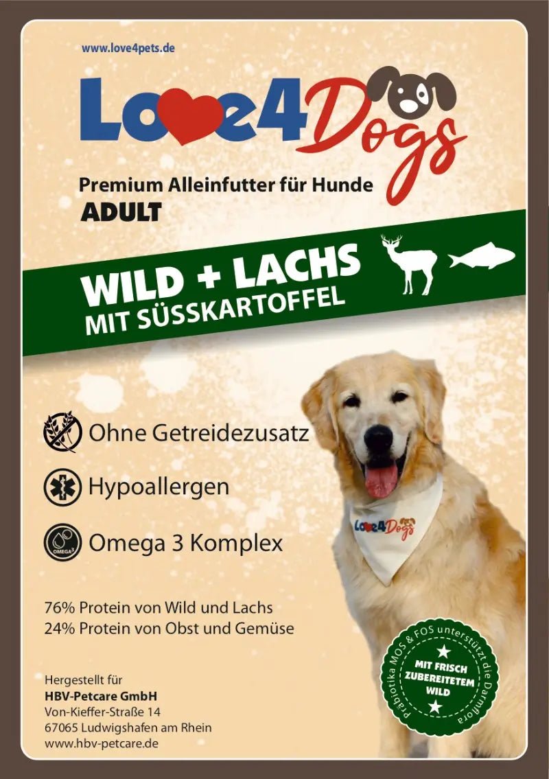 Love4Dog´s ADULT Hundefutter Wild+Lachs mit Süßkartoffel und Maulbeere - Love4Pets