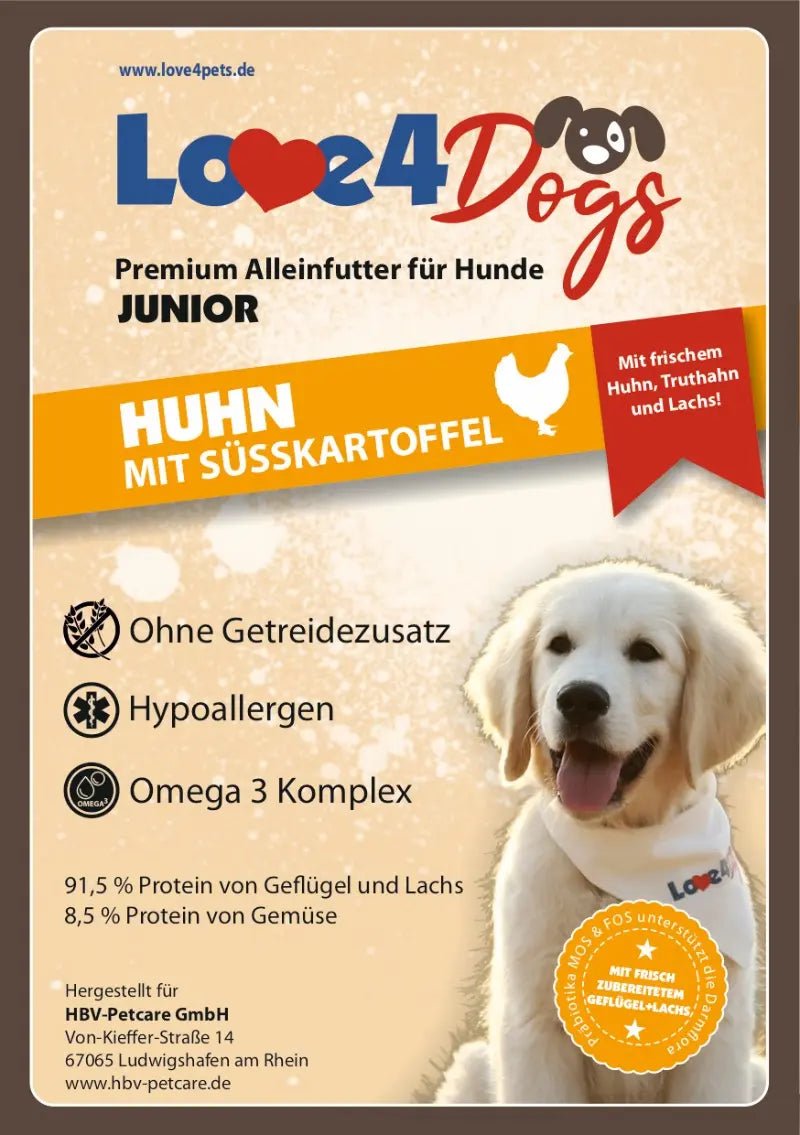 Love4Dog´s Hundefutter JUNIOR Huhn, Truthahn+Lachs mit Süßkartoffel und Karotte - Love4Pets