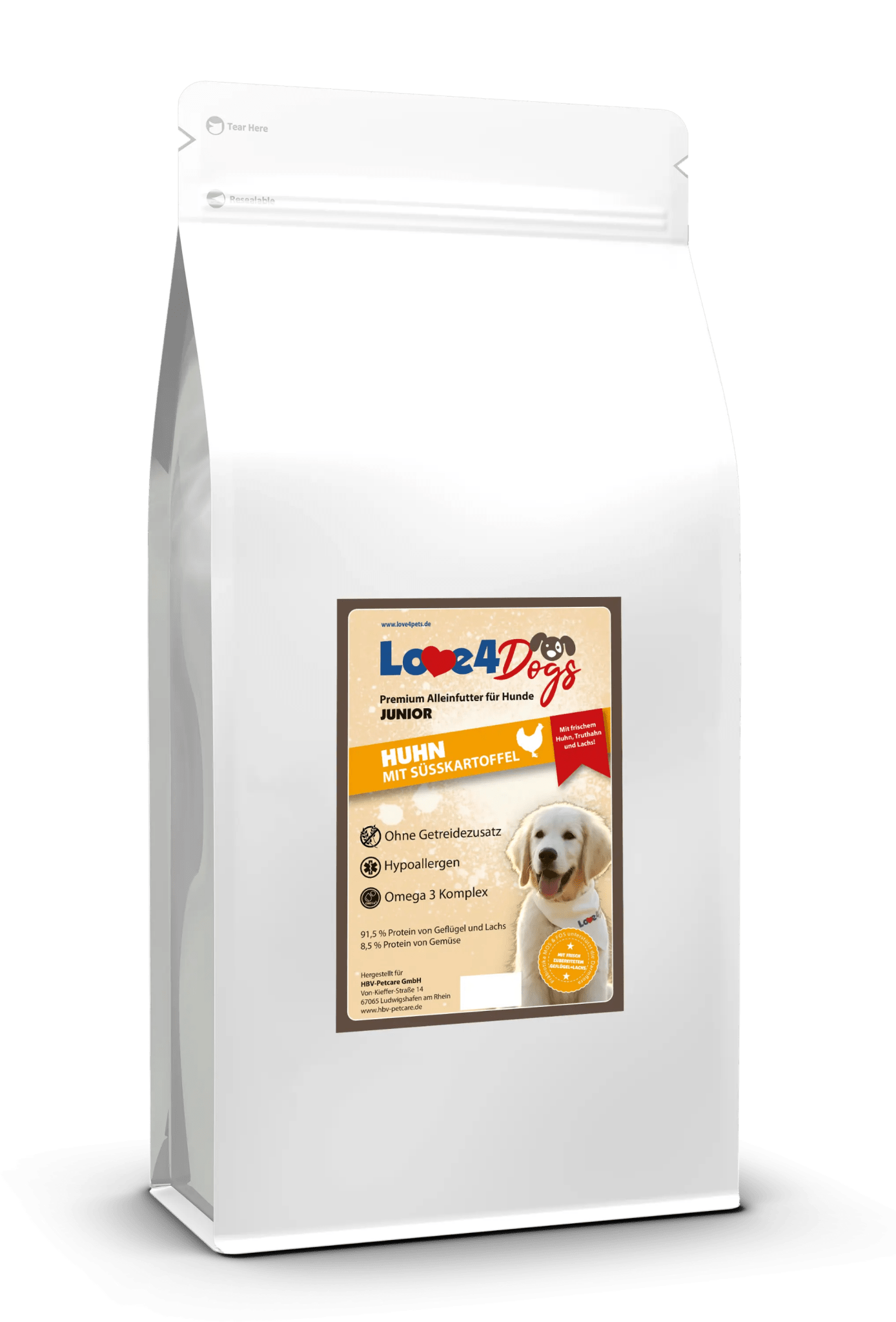 Love4Dog´s Hundefutter JUNIOR Huhn, Truthahn+Lachs mit Süßkartoffel und Karotte - Love4Pets