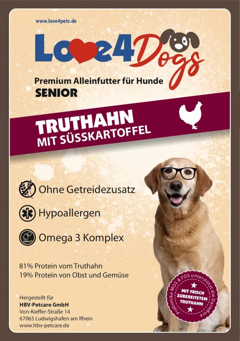 Love4Dog´s Hundefutter SENIOR Truthahn mit Süßkartoffel und Preiselbeere - Love4Pets