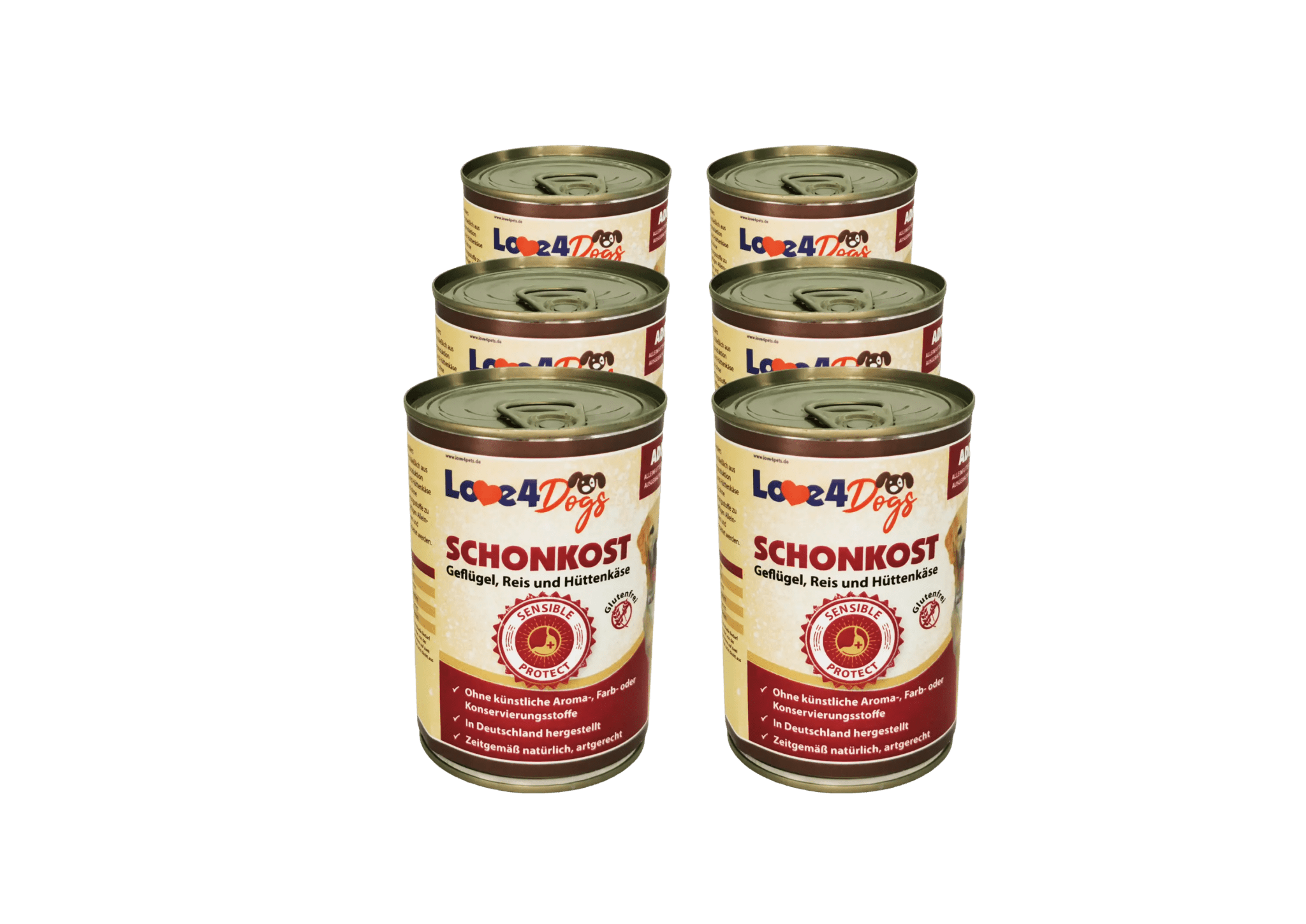 Love4Dog´s SCHONKOST Geflügel mit Reis und Hüttenkäse 6x400g - Love4Pets