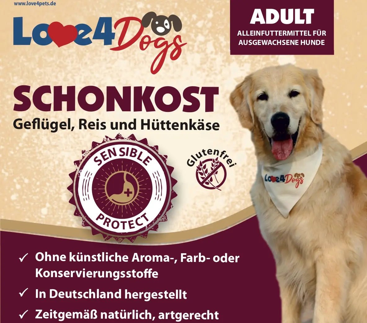 Love4Dog´s SCHONKOST Geflügel mit Reis und Hüttenkäse 6x400g - Love4Pets