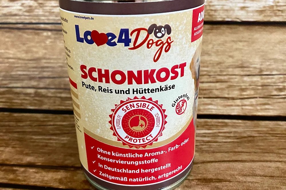 Love4Dog´s SCHONKOST Pute mit Reis und Hüttenkäse 6x400gAlleinfutter für ausgewachsene sensible Hunde 6 Dosen a 400g (Nettogewicht) 	warum Geflügel?
Geflügelfleisch wird gerne für empfindliche Mägen emmpfohlen, da es leicLove4PetsSCHONKOST Pute mit Reis und