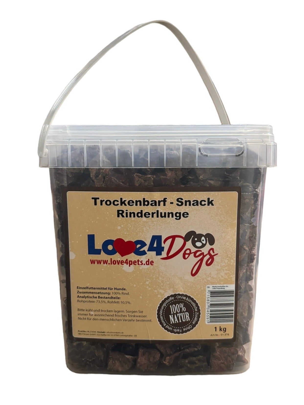 Love4Dogs - Trockenbarf-Snack Rinder- Lungenwürfel 1kg Eimer