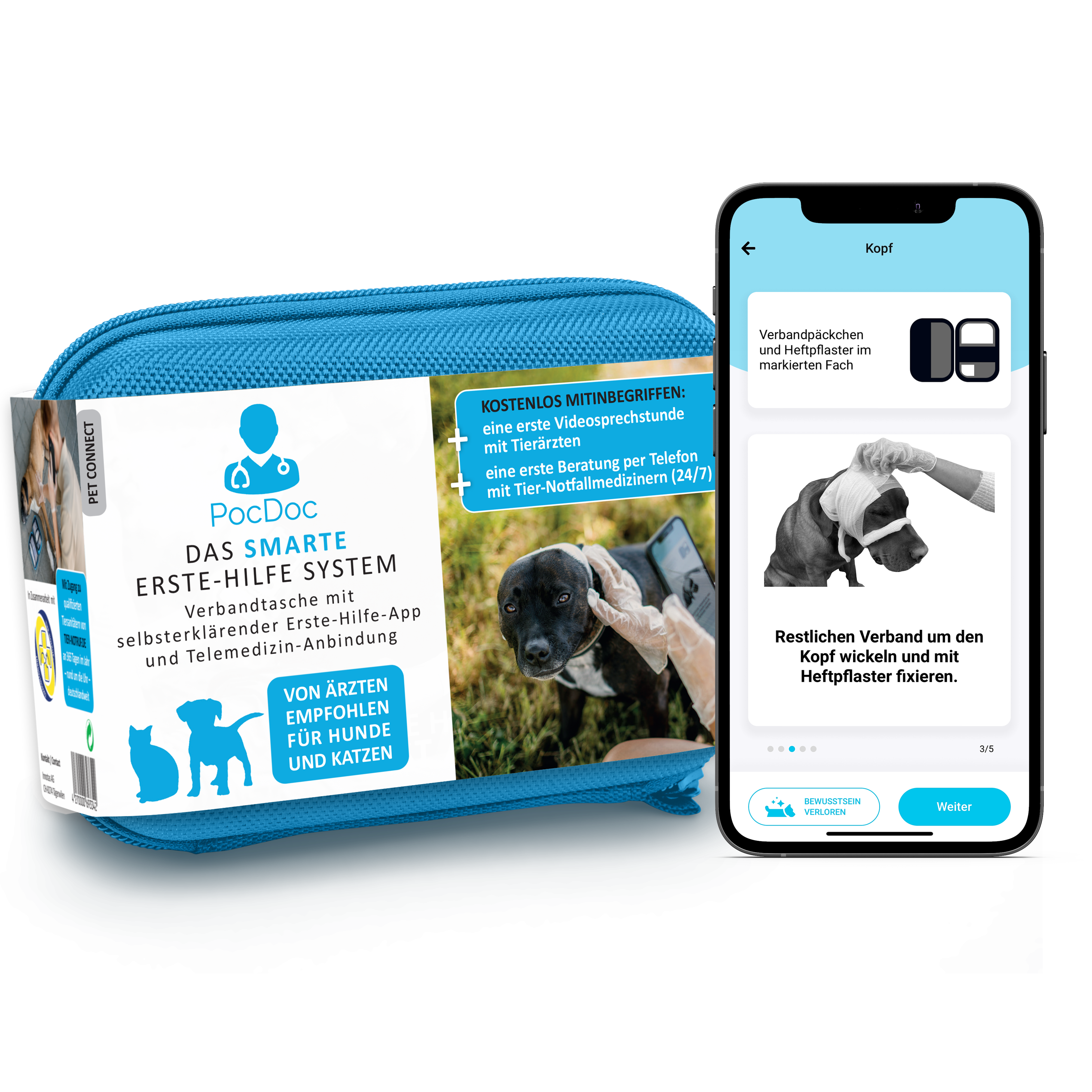 PocDoc® PET CONNECT smartes Erste-Hilfe-System für Hunde und Katzen inErste Hilfe neu gedacht: das Rundum-sorglos-Paket für alle Hunde- &amp; Katzenbesitzer!
Ob durch eine Rauferei, einen Sturz oder ein Hängenbleiben mit der Pfote in eLove4PetsPoc Doc