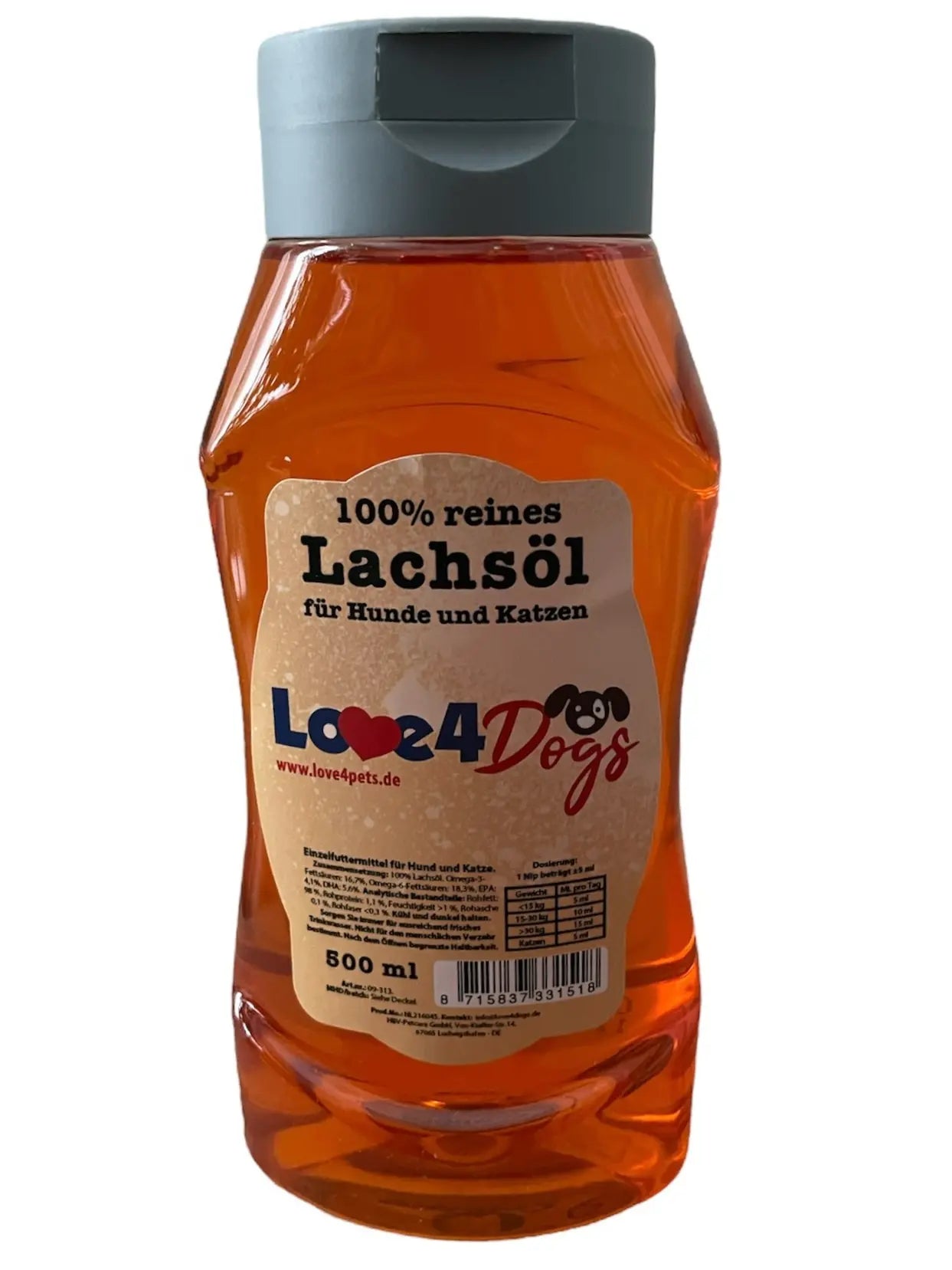 Love4Dogs - Lachsöl für Hunde 300ml, 500ml und 1000ml - Love4Pets